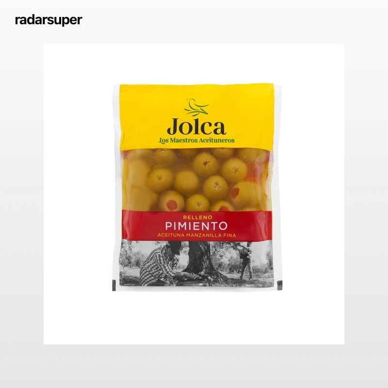 JOLCA Aceitunas verdes manzanilla rellenas de pimiento bolsa de 90 g.