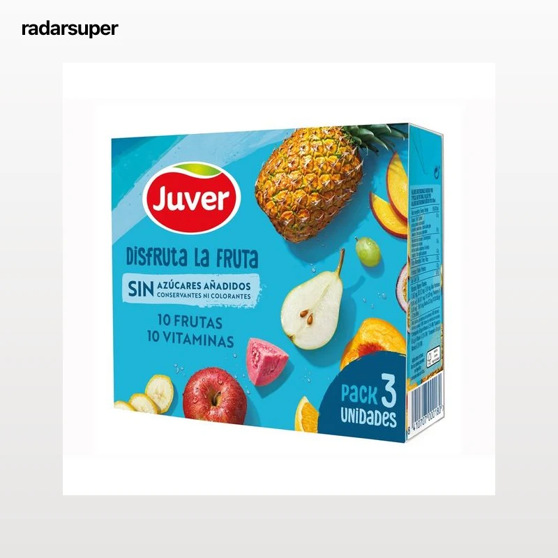 JUVER Disfruta Néctar de 10 frutas variadas y 10 vitaminas, sin azúcares añadidos pack 3 uds x 20 cl.