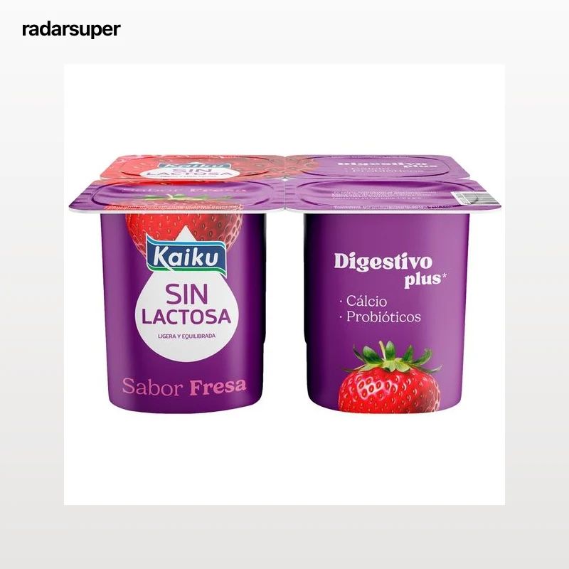 KAIKU Digestivo Plus Yogur de fresa sin lactosa, con calcio y probióticos 4 x 125 g.