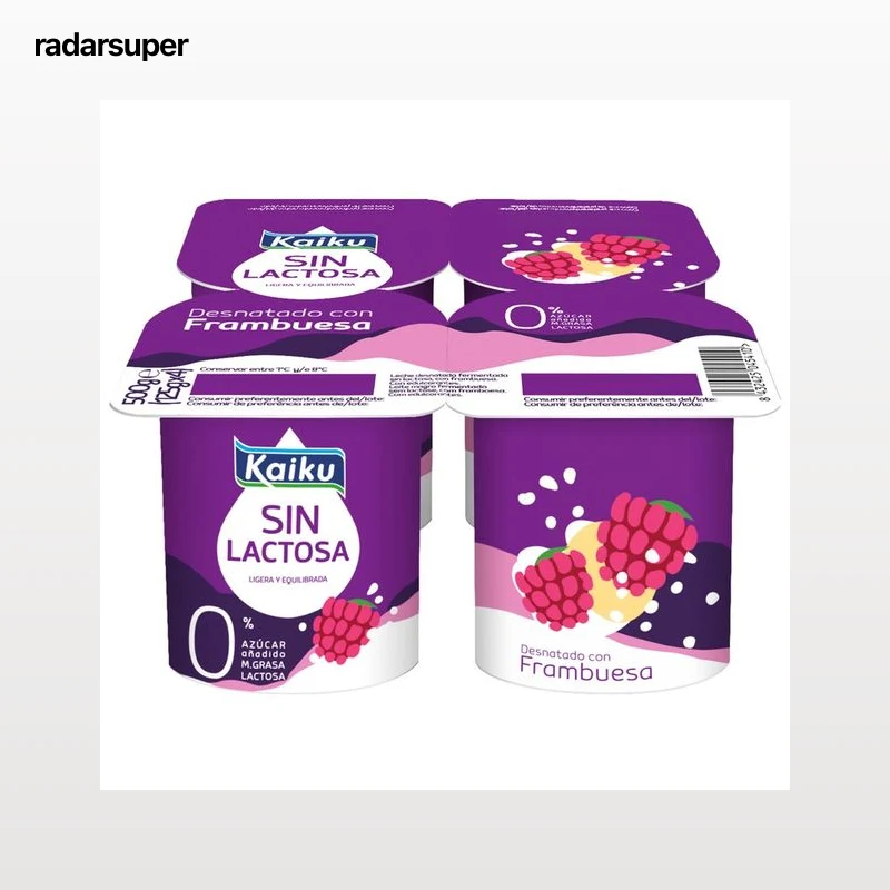 KAIKU Yogur desnatado 0% materia grasa, sin lactosa ni azúcares añadidos, con frambuesas Sin lactosa 4 x 125 g.