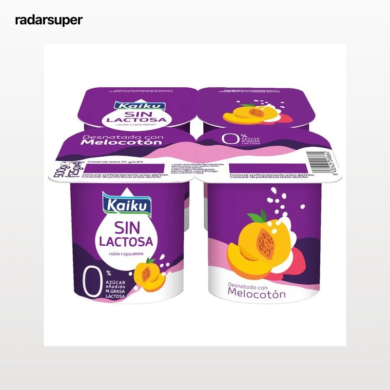 KAIKU Yogur desnatado 0% materia grasa, sin lactosa ni azúcares añadidos, con melocotón Sin lactosa 4 x 125 g.