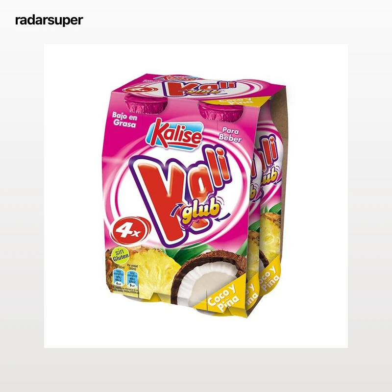 KALISE Yogur líquido con coco y piña, sin gluten y bajo en grasa  Kaliglub 4 x 165 ml.