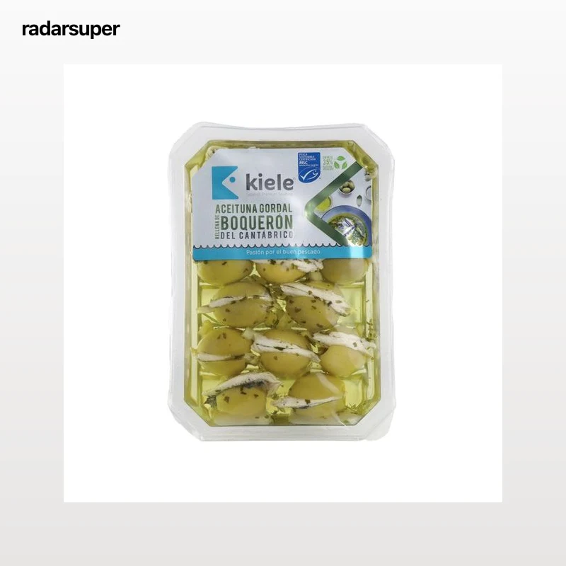 KIELE Aceituna gordal rellena de boquerón del cantábrico MSC (Pesca sostenible certificada) 150 g.