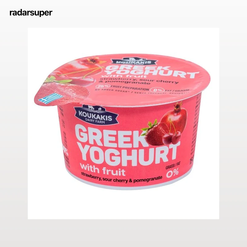 KOUKAKIS Yogur griego con trozos de fresa, cereza y zumo de granada 150 g. Sin azúcares añadidos.