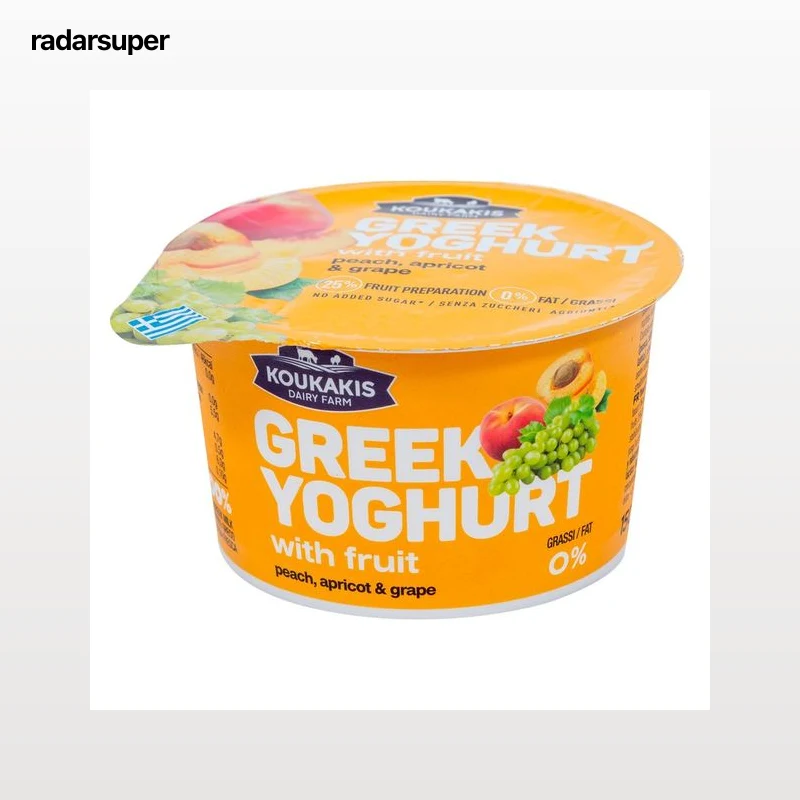KOUKAKIS Yogur griego con trozos de melocotón, uva y albaricoque 150 g.  sin azúcares añadidos.