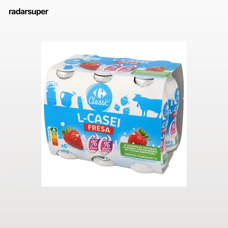 L.Casei líquido desnatado sabor fresa Carrefour Classic' sin azúcar añadido pack de 6 unidades de 100 g.