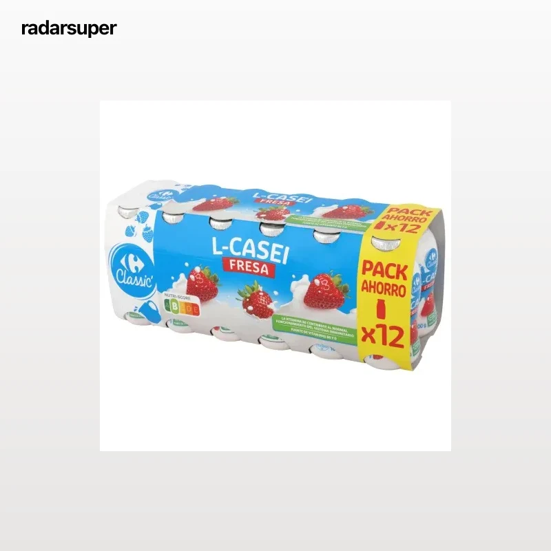 L.Casei líquido sabor fresa Carrefour Classic' pack de 12 unidades de 100 g.