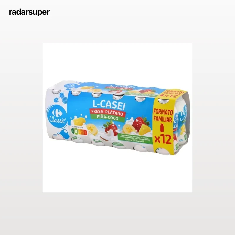 L.Casei líquido sabor fresa-plátano y piña-coco Carrefour Classic pack de 12 unidades de 100 g.