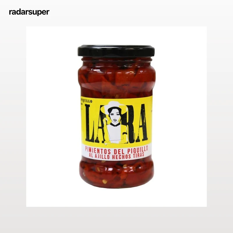 LARA Pimientos del piquillo de primera categoría al ajillo, hechos tiras bote de 290 g.