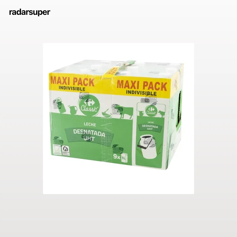Leche desnatada Carrefour pack de 9 briks de 1 l.