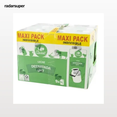 Leche desnatada Carrefour pack de 9 briks de 1 l.