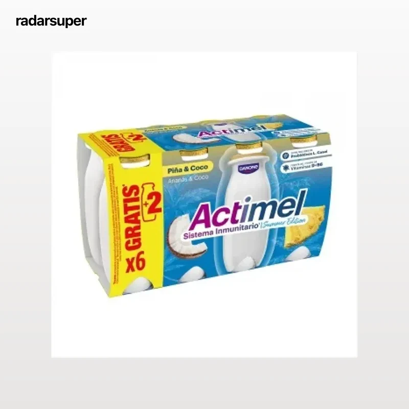Leche desnatada fermentada con piña y coco Actimel Danone sin gluten pack de 6 unidades de 100 g.