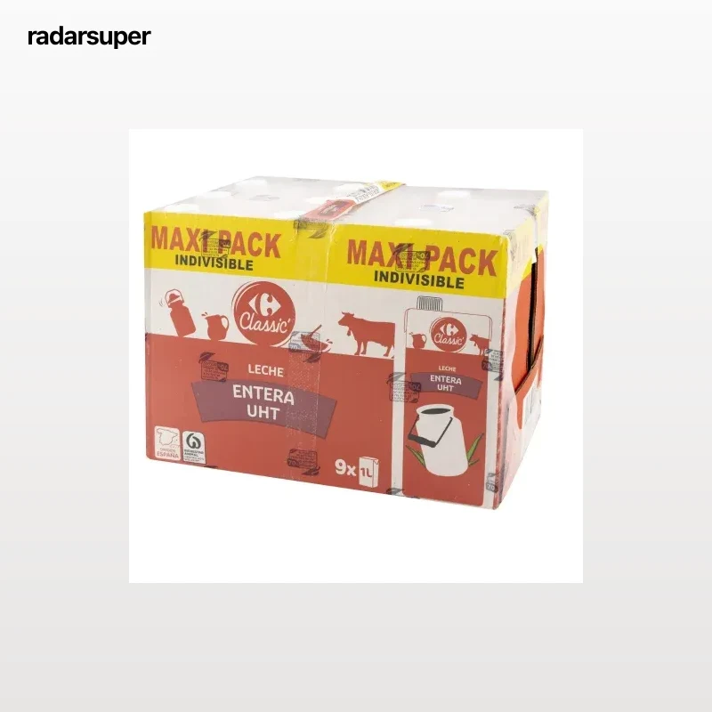 Leche entera Carrefour pack de 9 briks de 1 l.