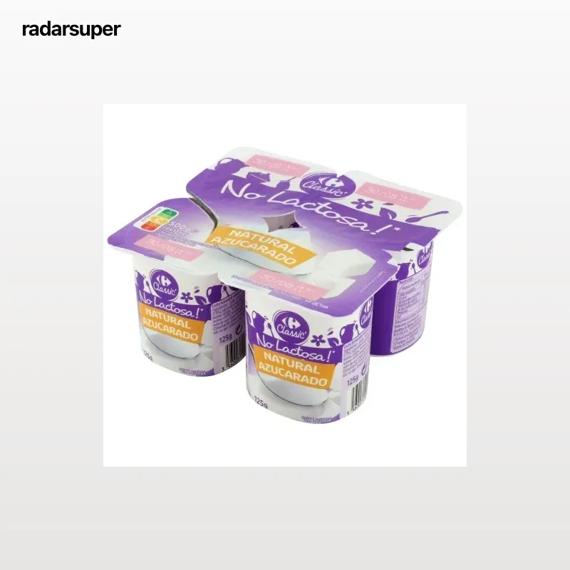 Leche fermentada azucarada natural Carrefour No Lactosa sin lactosa pack de 4 unidades de 125 g.