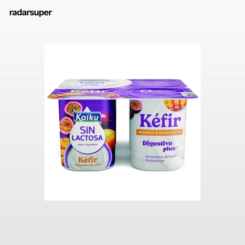 Leche fermentada con fermentos de kéfir con mango y maracuyá Kaiku sin lactosa sin gluten pack de 4 unidades de 125 g.