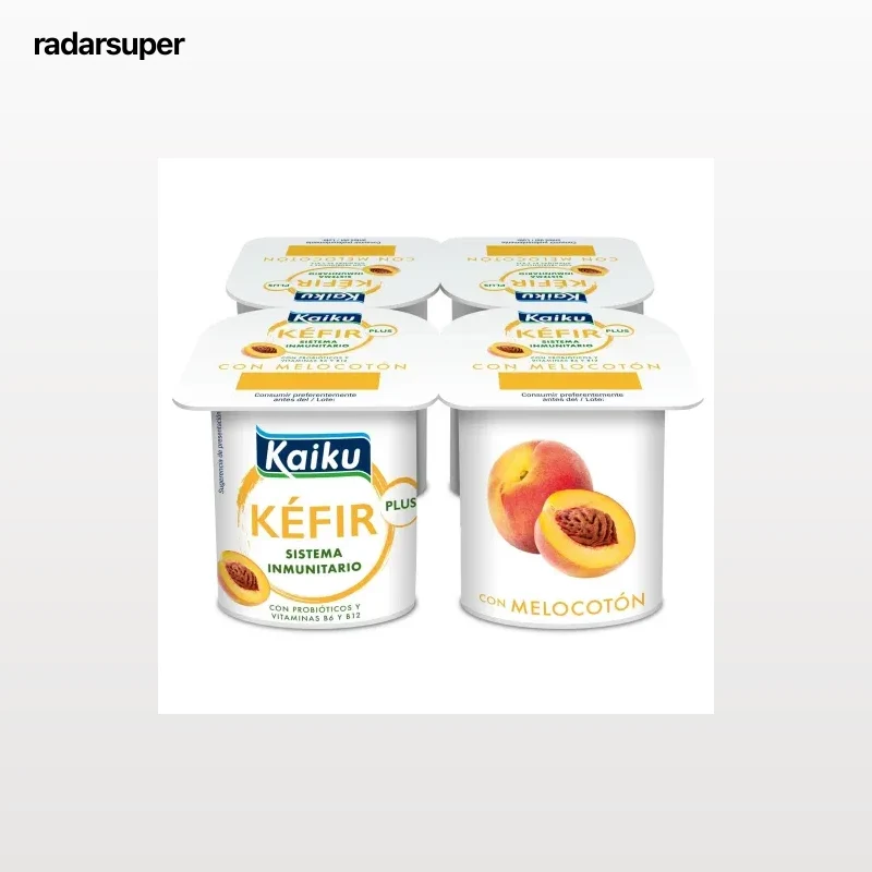 Leche fermentada con fermentos de kéfir con melocotón Kaiku pack de 4 unidades de 125 g.