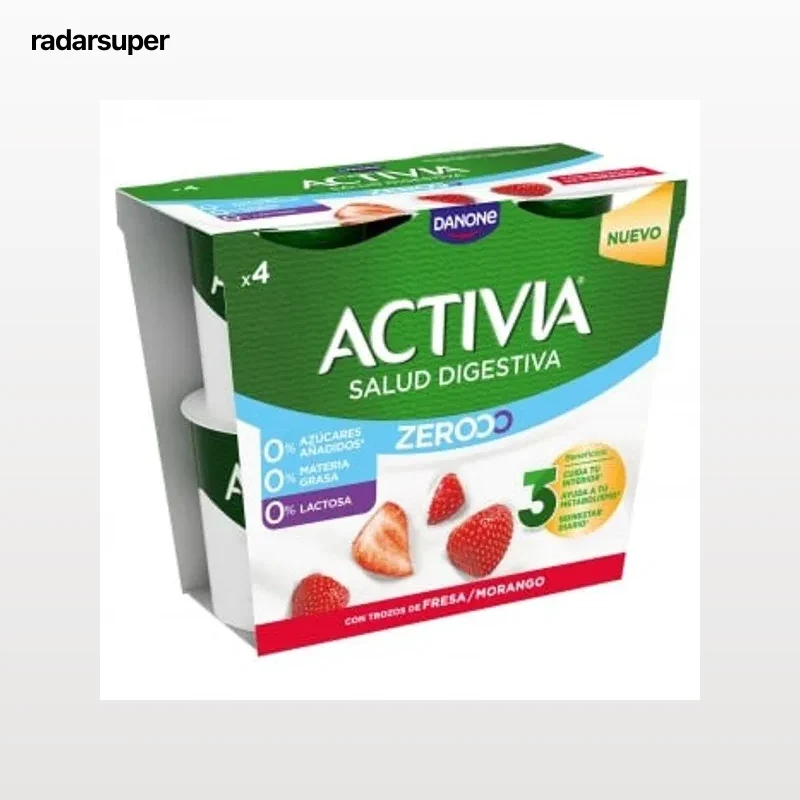 Leche fermentada con trozos de fresa Danone Activia sin lactosa pack de 4 unidades de 120 g.