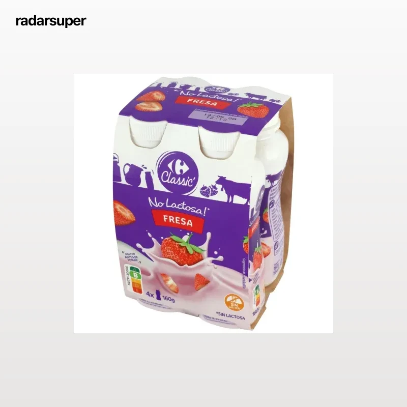 Leche fermentada de fresa Carrefour Classic' sin gluten sin lactosa pack d 4 unidades de 160 g.