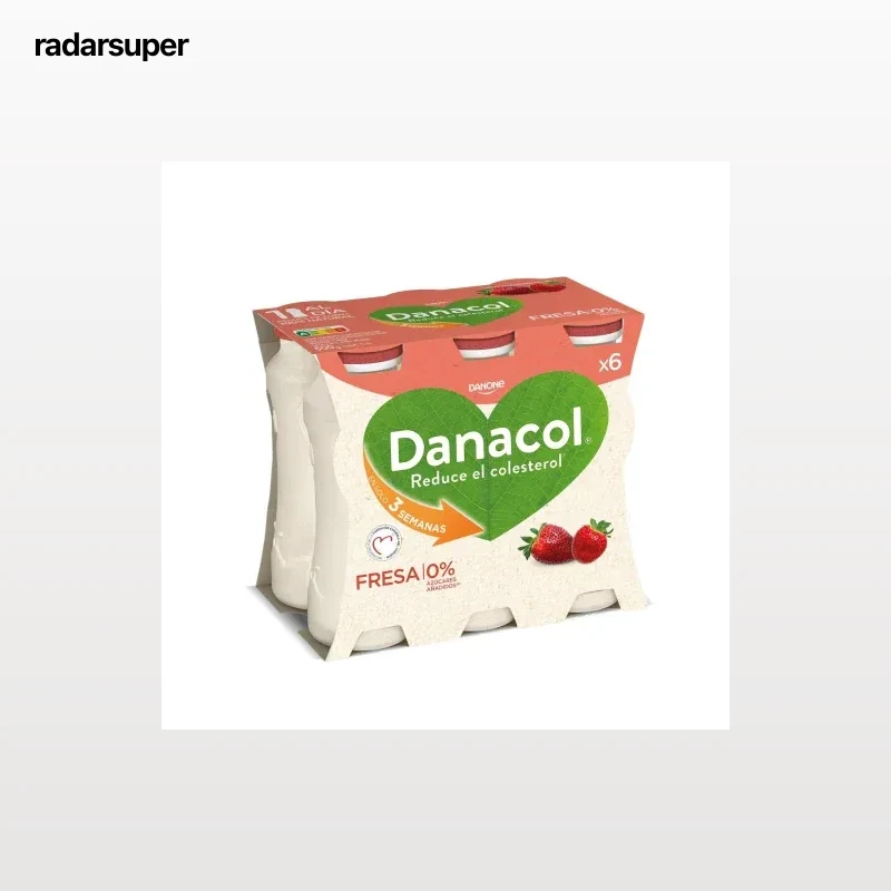 Leche fermentada de fresa sin azúcar añadido Danone Danacol sin gluten pack de 6 unidades de 100 g.