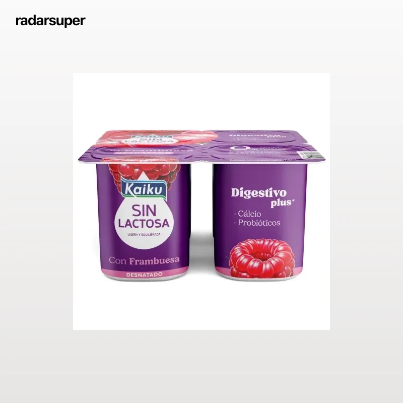 Leche fermentada desnatada con frambuesa sin azúcar añadido Kaiku sin gluten y sin lactosa pack de 4 unidades de 125 g.
