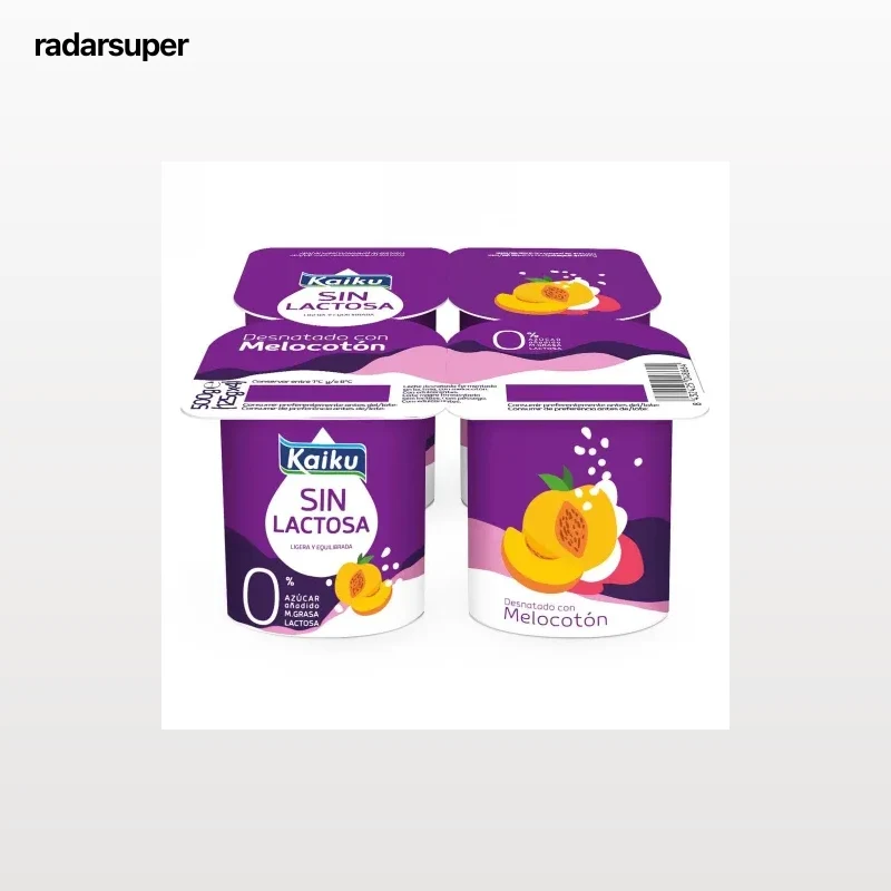 Leche fermentada desnatada con melocotón sin azúcar añadido Kaiku sin gluten sin lactosa pack de 4 unidades de 125 g.