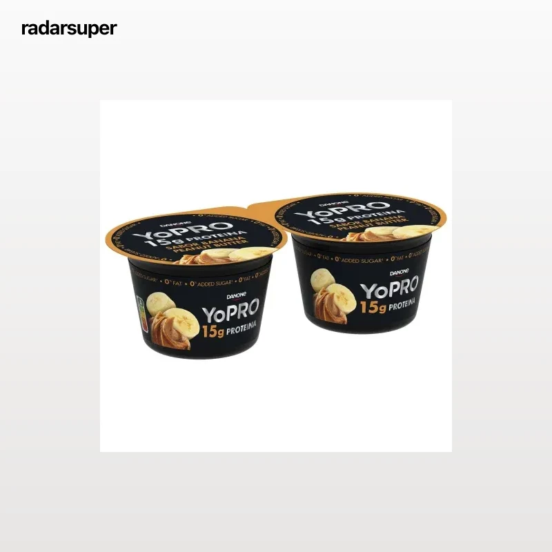 Leche fermentada desnatada con plátano y aroma a crema de cacahuete sin azúcar añadido Danone Yopro pack de 2 unidades de 160 g.