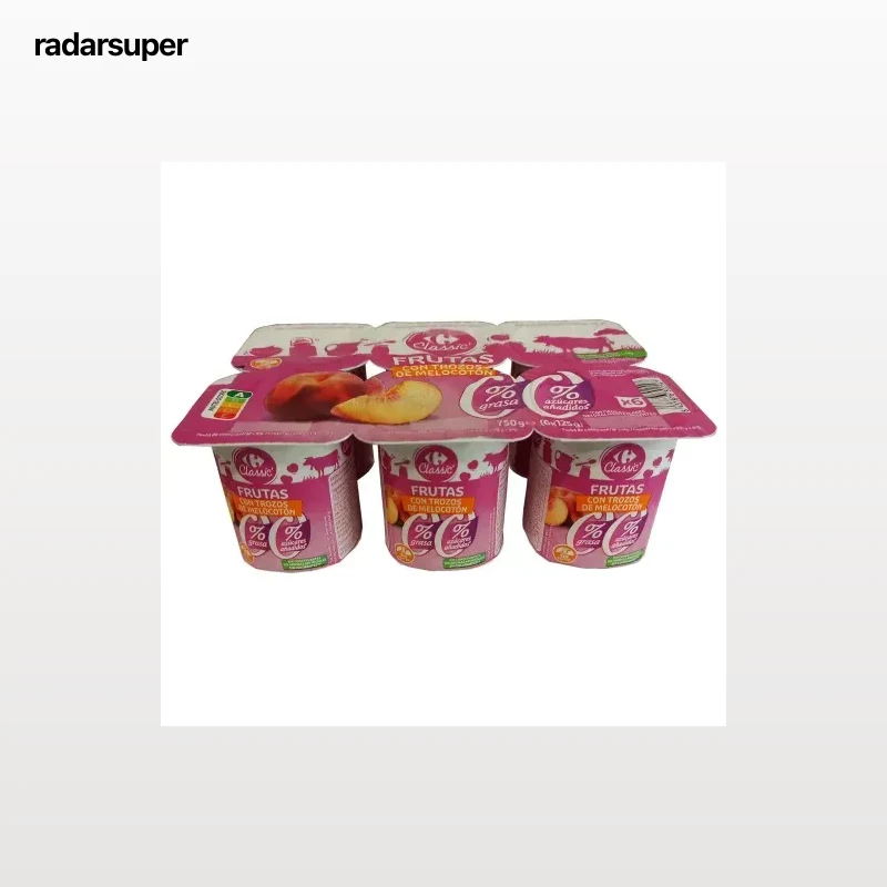 Leche fermentada desnatada con trozos de melocotón Carrefour sin gluten y sin azúcar añadido pack de 6 unidades de 125 g.
