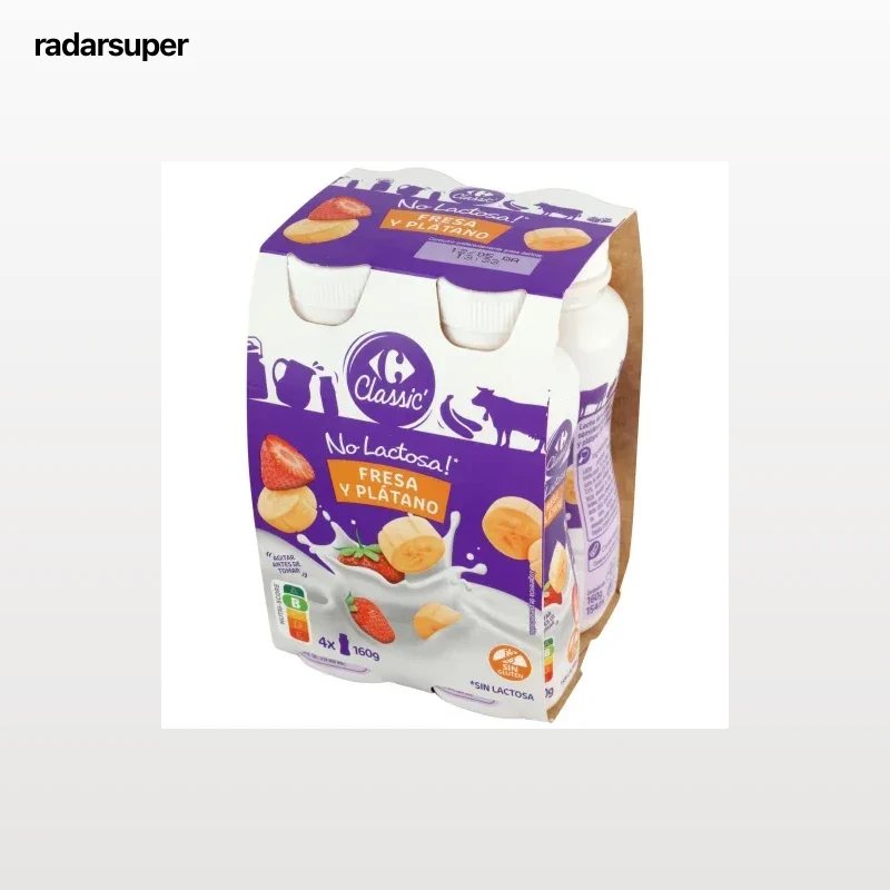 Leche fermentada fresa y plátano Carrefour Classic' sin gluten sin lactosa pack de 4 unidades de 160 g.