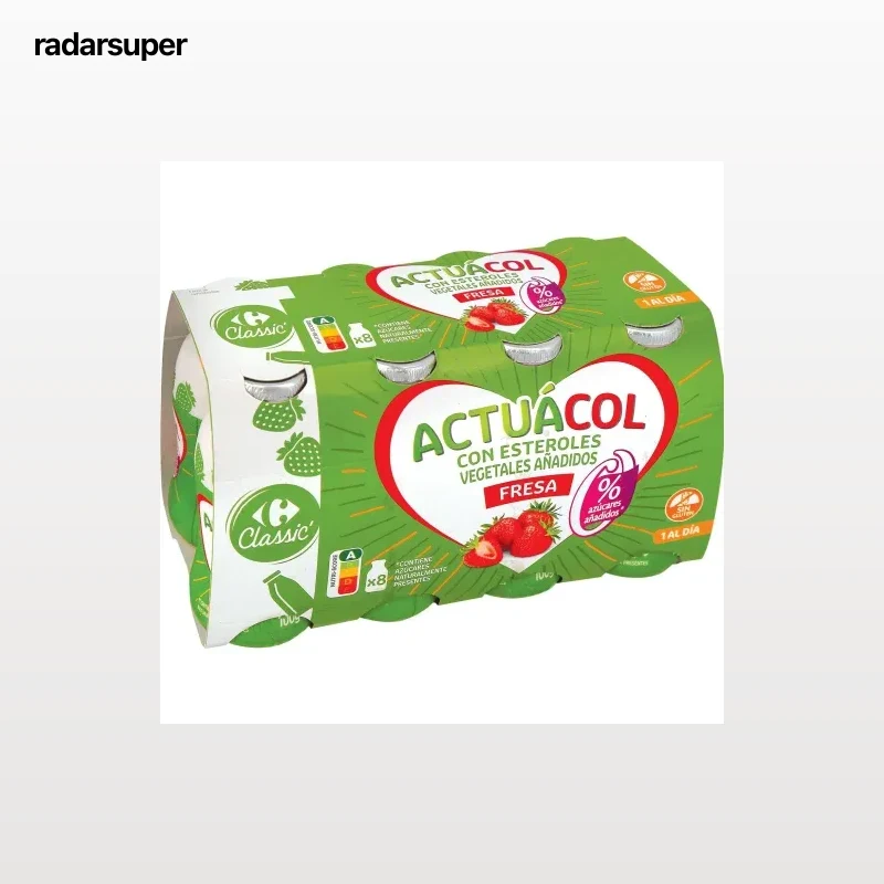 Leche fermentada líquida de fresa sin azúcar añadido Carrefour Actuacol sin gluten pack de 8 unidades de 100 g.