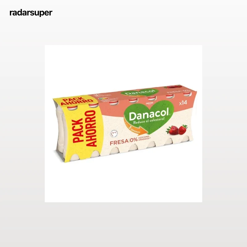 Leche fermentada líquida de fresa sin azúcar añadido Danone Danacol sin gluten pack de 14 unidades de 100 g.