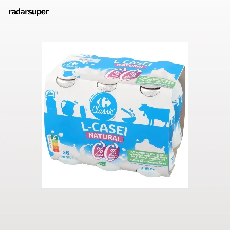 Leche fermentada líquida desnatada natural Carrefour Classic pack de 6 unidades de 100 g.