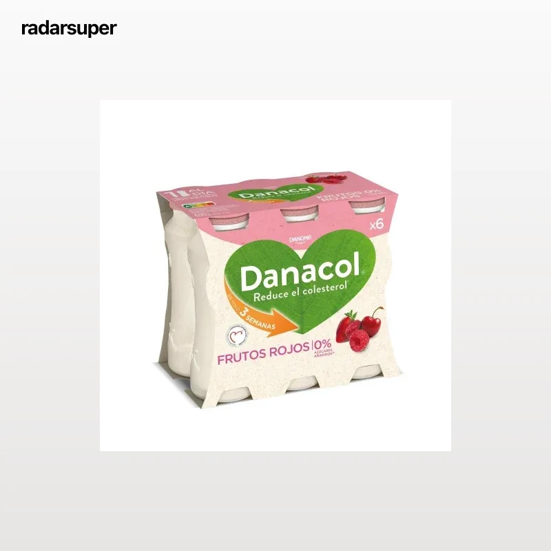 Leche fermentada liquida frutos rojos sin azúcar añadido Danone Danacol pack de 6 unidades de 100 g.