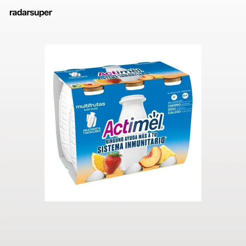 Leche fermentada líquida multifrutas Danone - Actimel sin gluten pack de 6 unidades de 100 g.