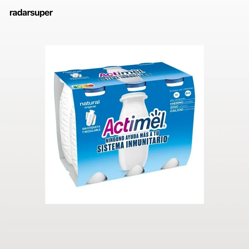 Leche fermentada líquida natural Danone Actimel sin gluten pack de 6 unidades de 100 g.