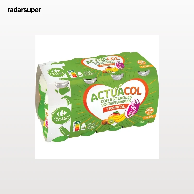 Leche fermentada líquida tropical sin azúcar añadido Carrefour Actuacol sin gluten pack de 8 unidades de 100 g.