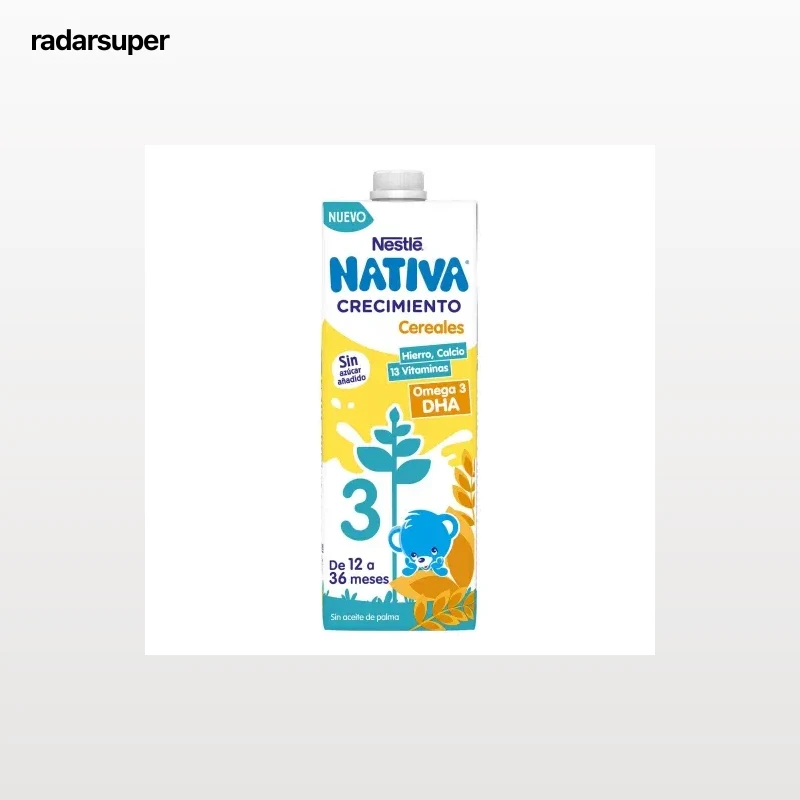 Leche infantil de crecimiento de 12 a 36 meses con cereales Nestlé Nativa Crecimiento 3 sin azúcar añadido brik 1 l.