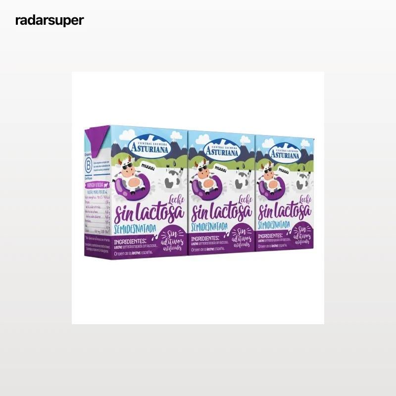 Leche semidesnatada Central Lechera Asturiana sin lactosa pack 3 brik de 200 ml.