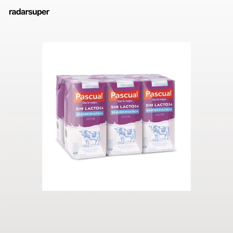 Leche semidesnatada Pascual sin lactosa pack de 6 briks de 200 ml.