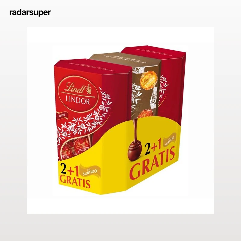 LINDT Bombones lindor en pack 2+1 chocolate con leche y surtido 411 g.