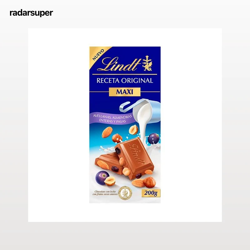 LINDT Chocolate leche, avellanas y pasas 200 g.