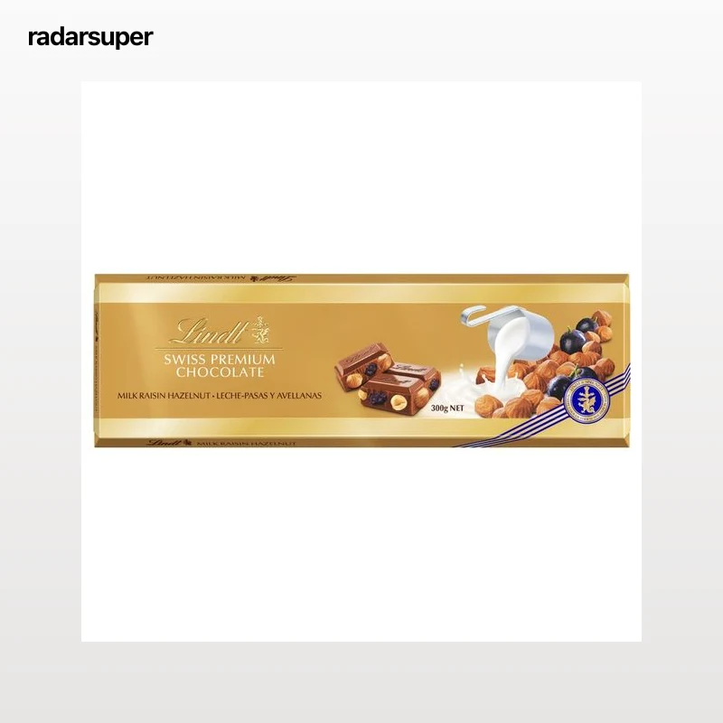 LINDT Chocolate suizo de leche con uvas pasas y avellanas enteras 300 g.