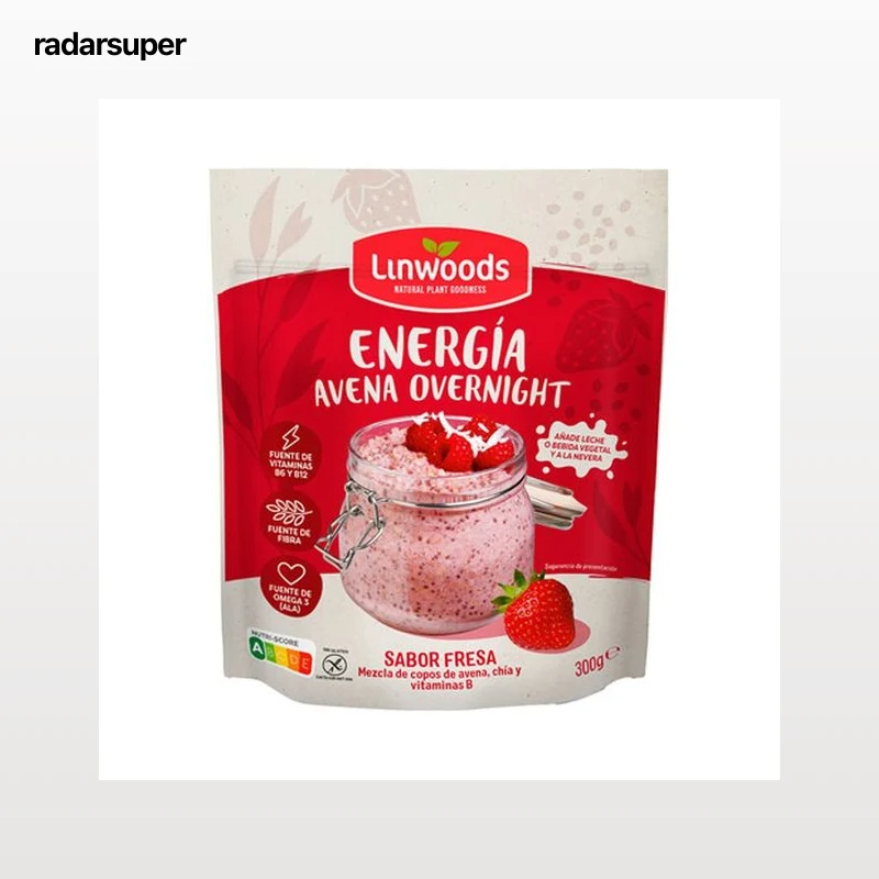LINWOODS Avena y semillas de Chia, con sabor a fresa, lista para añadir leche o bebida vegetal 300 g.