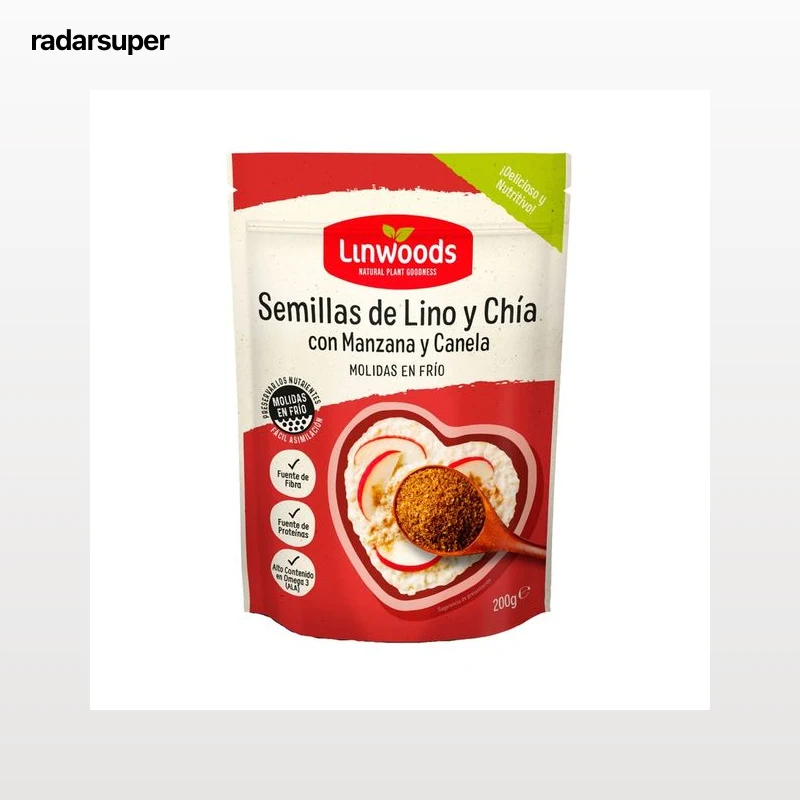 LINWOODS Semillas de lino y chía ecológicas, molidas en frío, con manzana y canela 200 g.