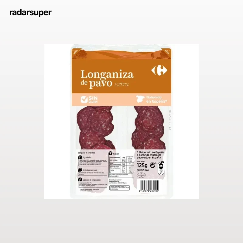 Longaniza de Pavo Extra Carrefour sin gluten pack de 2 unidades de 62,5 g