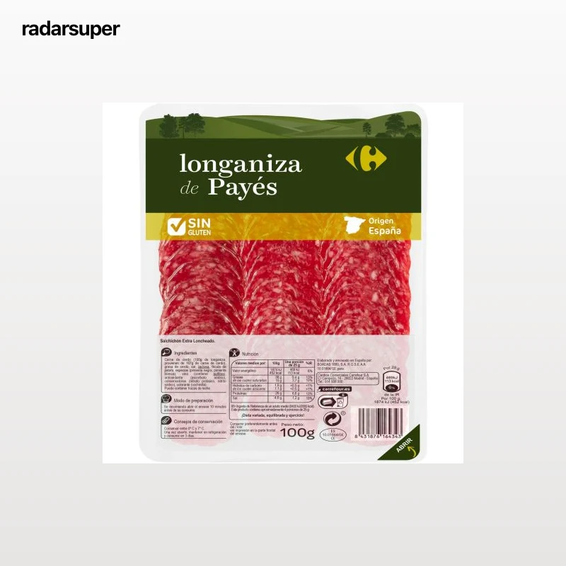 Longaniza de Payés en lonchas Carrefour sin gluten 100 g