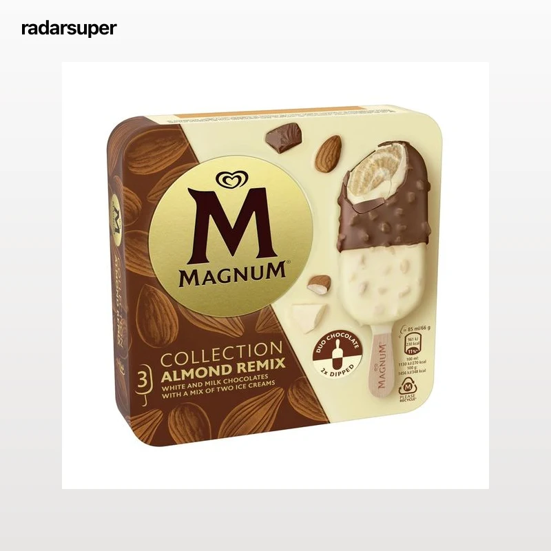 MAGNUM Almond remix Bombón almendrado con helado sabor almendra, recubierto de chocolate con leche y chocolate blanco 3 x 85 ml.