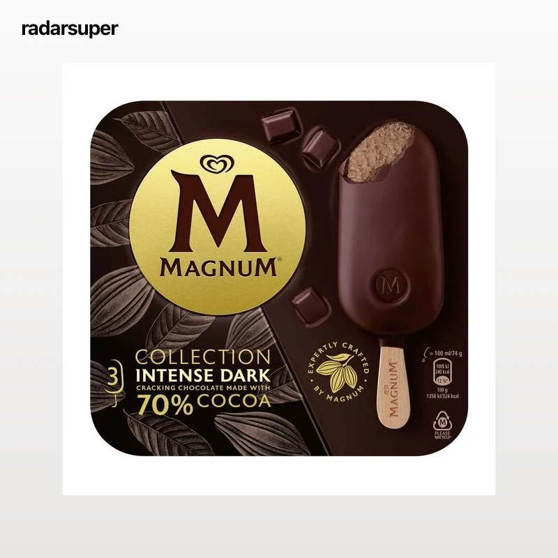 MAGNUM Bombón helado de crujiente chocolate con leche, relleno de chocolate 70% cacao collection 3 x 100 ml.