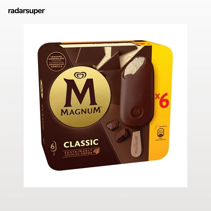 MAGNUM Classic de frigo helado de vainilla recubierto de crujiente chocolate con leche 6 x 100 ml.
