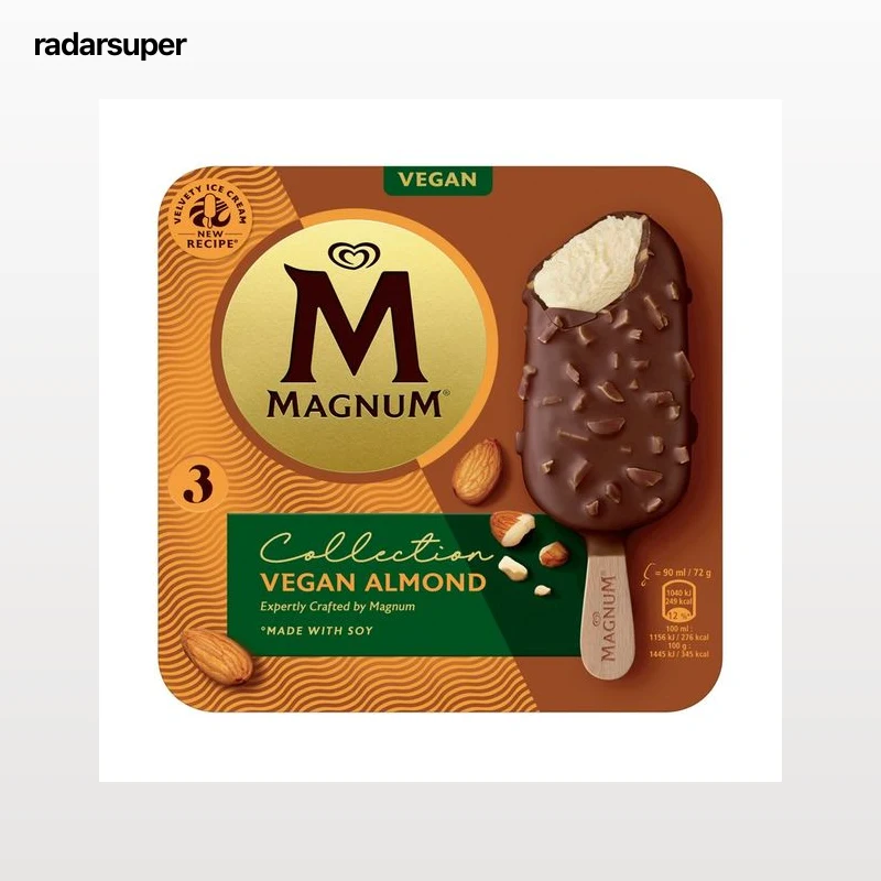 MAGNUM Collection Bómbon a base de soja con helado de vainilla, cubierto de chocolate y trocitos de almendra 3 x 90 ml.