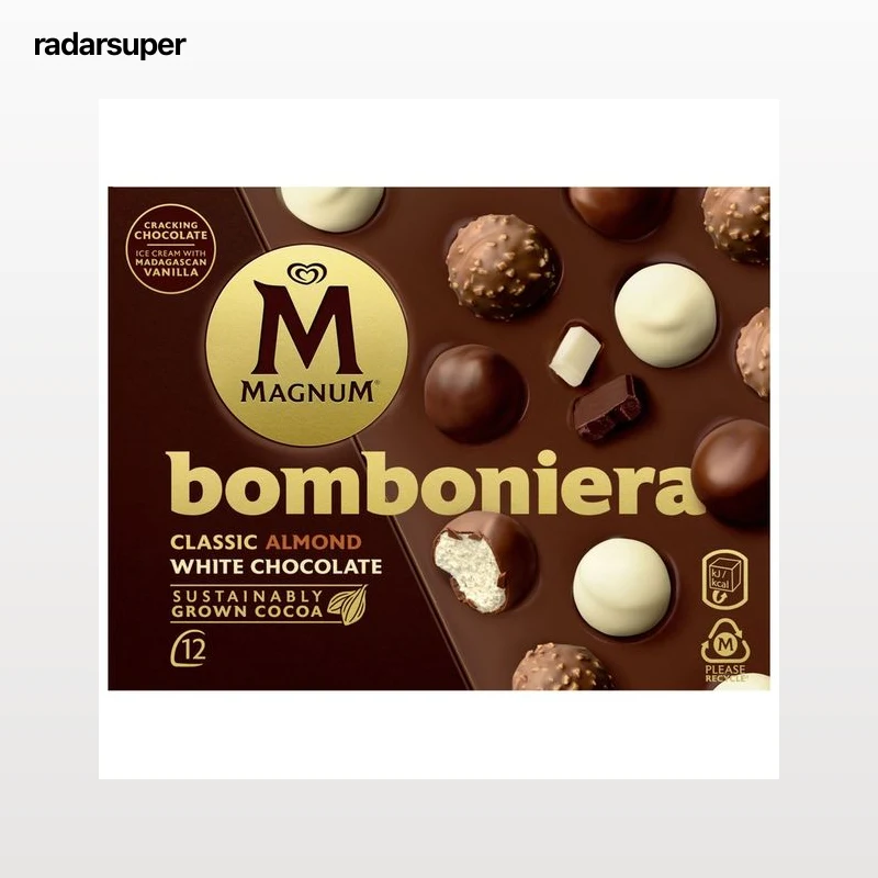 MAGNUM de Frigo Bombones de helado de vainilla, recubiertos de chocolate blanco, con leche y almendrado 12 uds.168g